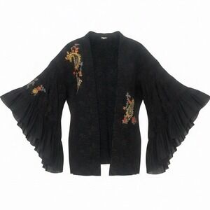 Free People Embroidered Paisley Kimono Cardigan Ruffle Bell Sleeve Black XS/S